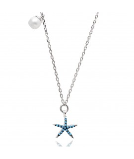 Silvery Necklace with white pearl and turquoise starfish