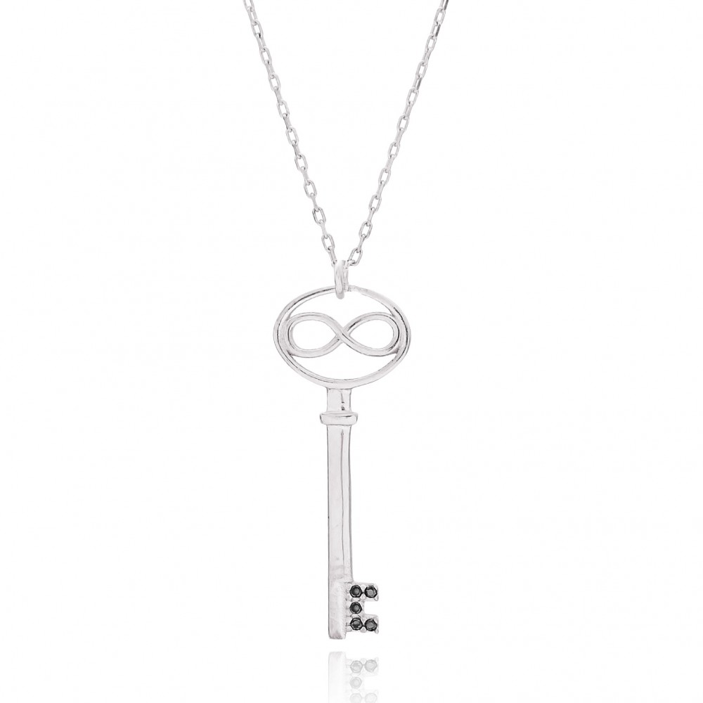 Silvery necklace with infinite key and black stones
