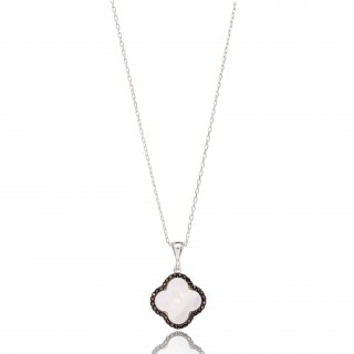 Silvery Necklace - Shiny white clover with black stones
