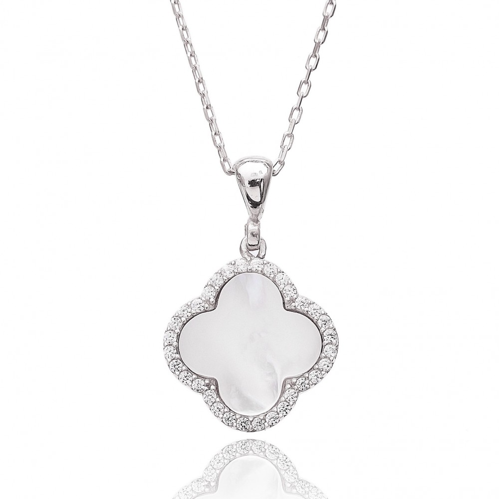 Silvery Necklace - White clover with stones