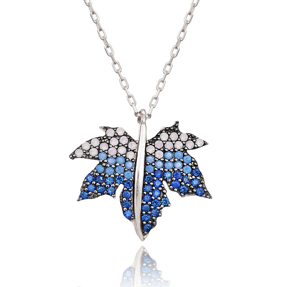 Silvery Necklace - White & blue turquoise autumn leaf