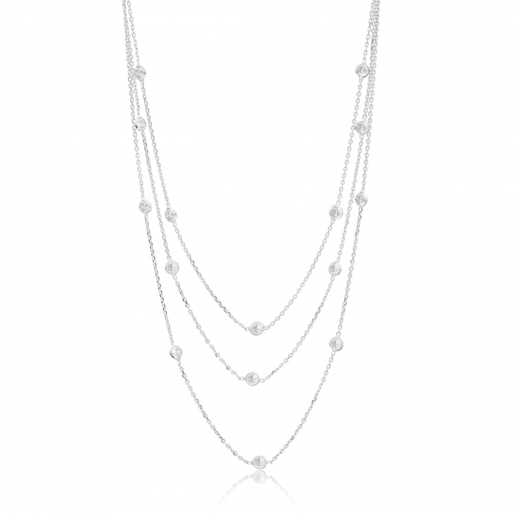 Multi-row silver necklace with stones