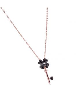 Necklace with key pendant and leaf black clover