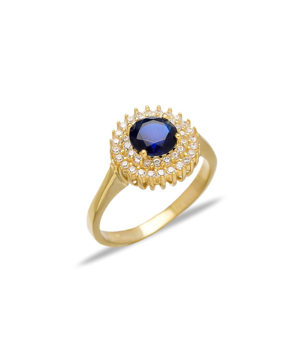 Bague motif rond avec diamants blancs et pierre saphir