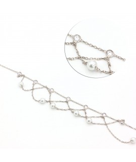 Bracelet de cheville en argent avec perles blanches et diamants